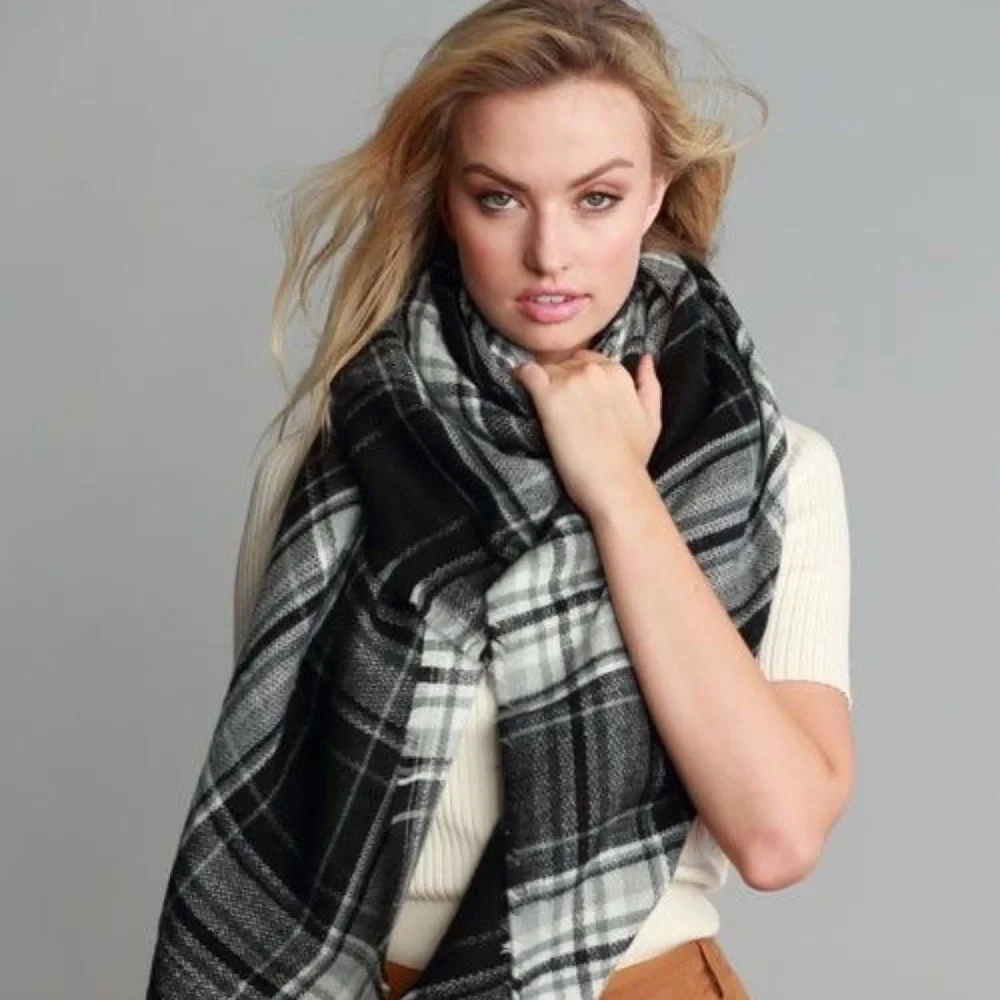 Black Grey and Green Ultra Plush Plaid Blanket Scarf - Picture 6 of 6